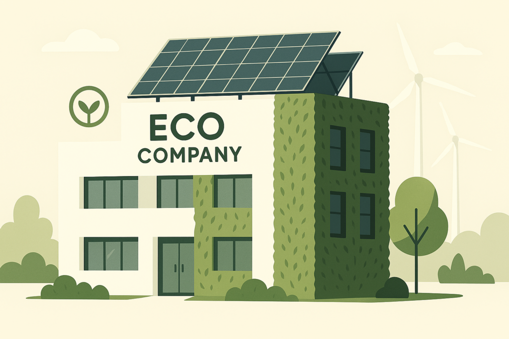 An eco-certified net zero company HQ with rooftop solar, green walls, and wind turbines nearby editorial, 4K, minimalistic style
