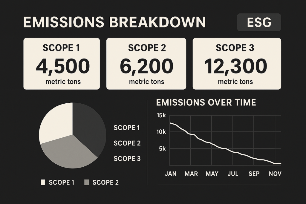  A data visualization dashboard showing Scope 1, 2, and 3 emissions breakdown with ESG tags and graphs, editorial, minimalistic UI, high-contrast.