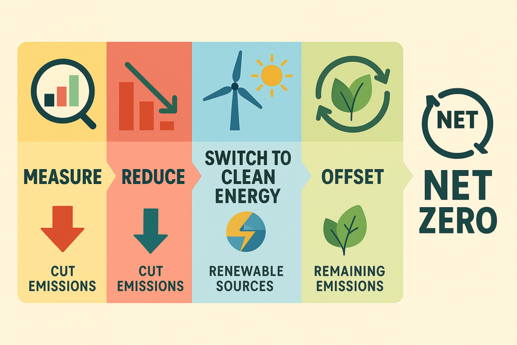 A clean infographic showing a linear net zero journey: measure, reduce, switch to clean energy, offset — flat design, colorful, modern
