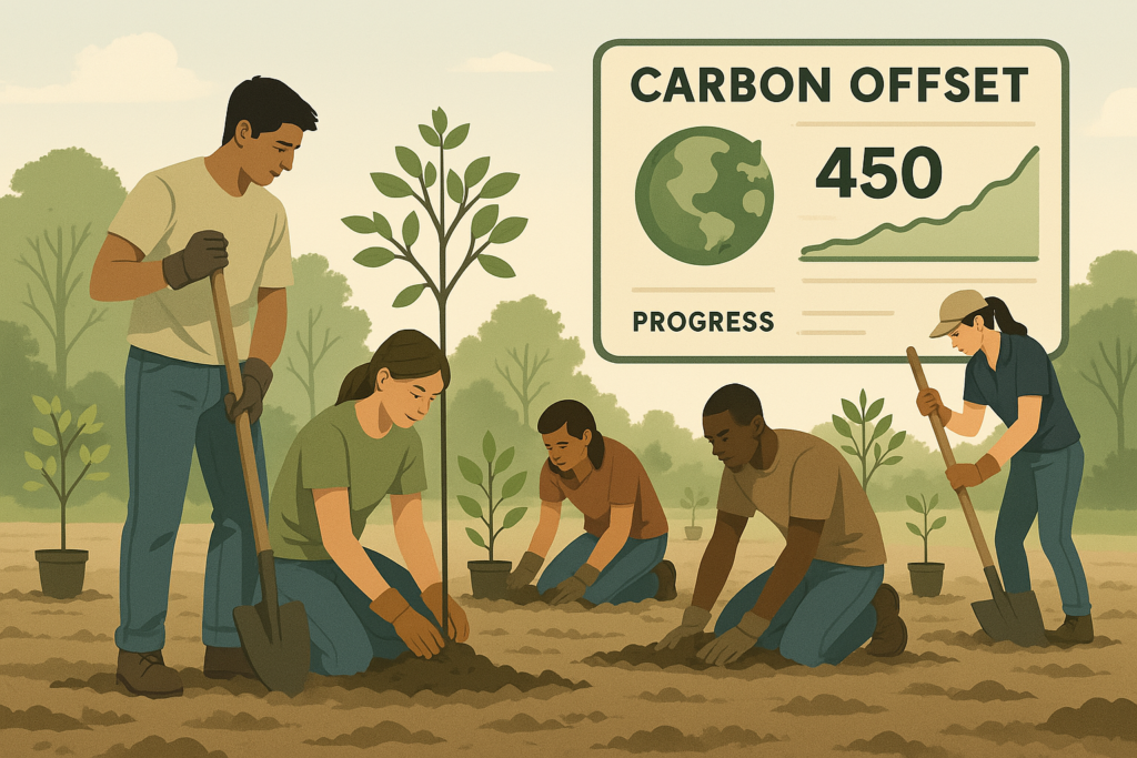 A realistic illustration of a carbon offset project in action: reforestation with community involvement, showing people planting trees and a carbon tracker dashboard.