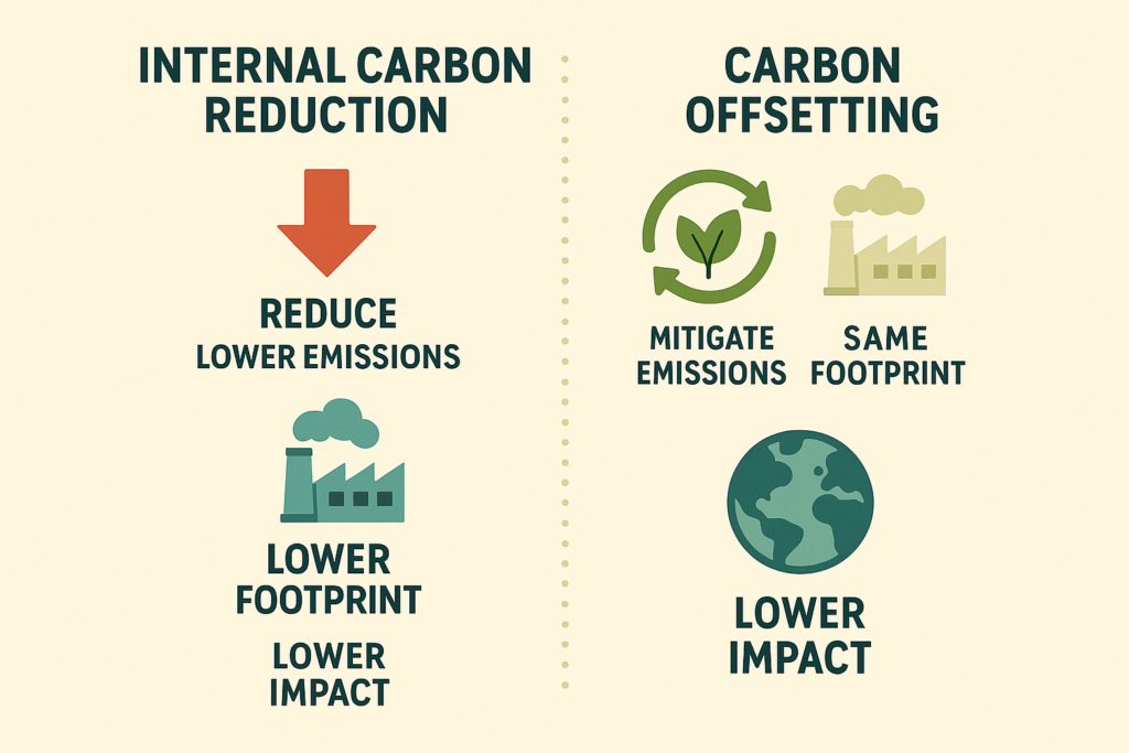 A clean and minimalistic infographic comparing internal carbon reduction vs carbon offsetting. It shows the step-by-step impact flow for each. Editorial, flat design.
