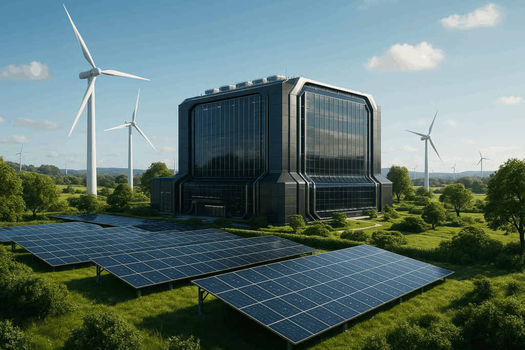 A futuristic data center powered by solar and wind, surrounded by green landscapes – hyper-realistic digital art